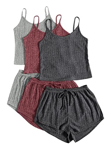 GORGLITTER Women's 3 Sets Ribbed Pajamas Set Sleeveless Crop Top and Tie Front Shorts Lounge Set Sleepwear Loungewear Grey Red Dark Grey Large