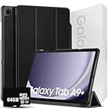 SAMSUNG 2024 Galaxy Tab A9+ 11” 64GB | Android 13 WiFi Touchscreen International | Big Screen, Quad Speakers, Slim | Tablet Bundle - Hard Back Trifold Stand Case + 64GB SD Card (Grey) | MdTec