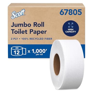 Scott Professional 100% Recycled Fiber High-Capacity Jumbo Roll Toilet Paper, Bulk (67805), 2-Ply, Septic Safe, White, Non-Perforated (12 Rolls at 1,000' Each, 12,000'/Case)