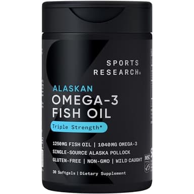 Sports Research Triple Strength Omega 3 Fish Oil 1250mg from Wild Alaska Pollock - Burpless Fish Oil Supplement with Omega3s EPA & DHA - Sustainably Sourced, Non-GMO, Gluten Free - 30 Softgels