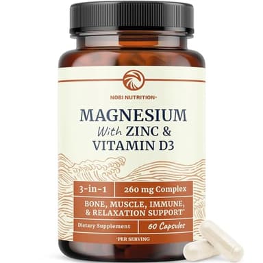 Magnesium Zinc & Vitamin D3 | 260MG Complex | High Absorption Mag Citrate, Glycinate & Malate | Muscle, Nerve Function & Bone Health Support | Zinc and Magnesium Supplement with VIT D3 | 60 Ct.