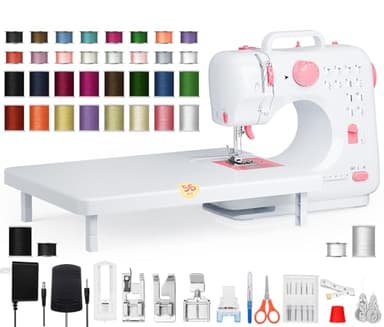 Portable Sewing Machine for Beginners, Small Easy to Use with 12 Built in Stitches, Reverse Stitching, Extension Table, LED Light, 32 Color Thread Kit for Home Mending, Crafts, Kids and Adults, Pink