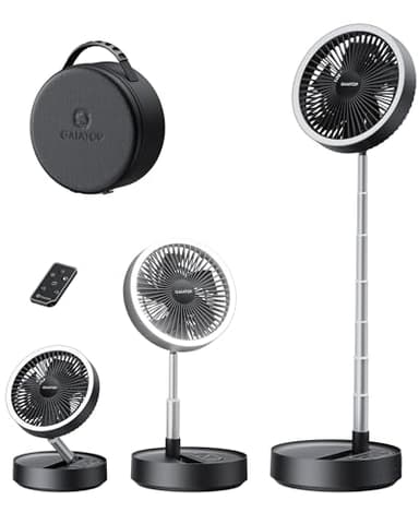 Gaiatop Portable Pedestal Fan 16000mAh Battery [Max 74h Runtime], Foldable Oscillating Standing Fan, Collapsible Desk Fans, LED Light, Case & Remote Control 4 Speeds for Outdoor Travel Camping (Black)