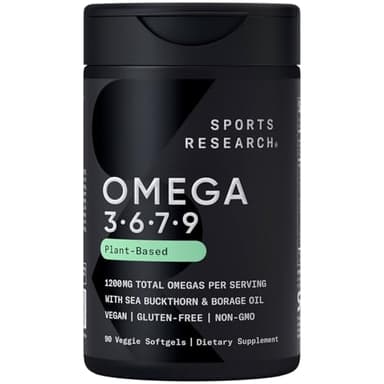 Sports Research® Vegan Omega 3-6-7-9 - 1200 mg of Multi-Spectrum Omega Fatty Acids Certified Non-GMO Formula with Sea Buckthorn & Borage Oil - 90 Veggie Softgels