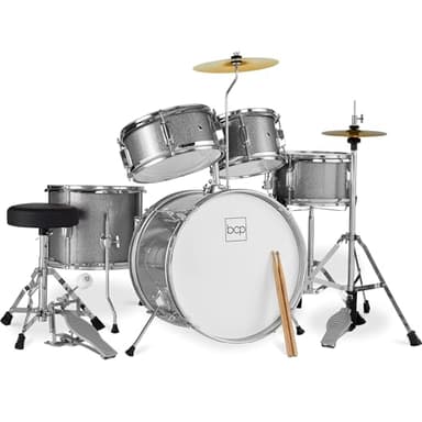 Best Choice Products Kids 5-Piece Beginner Drum Set Junior Kit, Starter Percussion w/Cymbals, Pedal, Toms, Snare, Drumsticks, Stool - Silver Sparkle