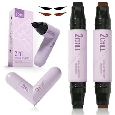 2CHILL 2-Pack Rotating Eyeliner Stamp Pen, Dual-Ended Winged Eyeliner Stamp, Cat Eye Tool, Waterproof & Smudge-Proof, Long-Lasting Make up, Matte Finish, Liquid Eyeliner for Beginners, Black & Brown