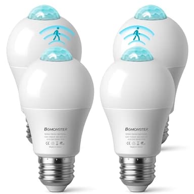 4-Pack Motion Sensor Light Bulbs, 12W(100W Equivalent) E26 A19 Security LED Bulb Outdoor/Indoor, Motion Activated Dusk to Dawn Bulb(Energy Efficient) for Front Porch, Garage, Basement, Hallway, Stairs