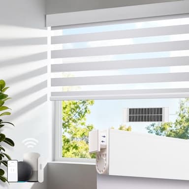 Motorized Zebra Blinds with Remote, No Drill Cordless Roller Shades, Equipped with Solar Panels, 50%-75% Blackout, Compatible with Alexa, Google, Electric Blinds for White 34" W x 72" H