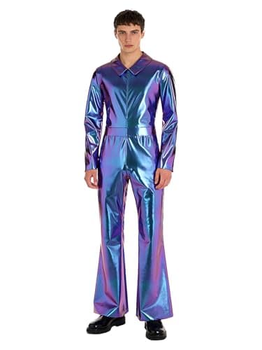 Sinleey Mens Shiny Metallic Disco Party Jumpsuit Full Body Bodysuit Flare Pants Bell-bottoms Hippie Rompers Blue Medium