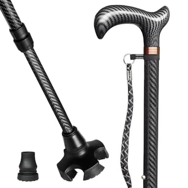 Adjustable Walking Cane for Men & Women - Lightweight Carbon Fiber Cane, Premium Walking Stick for Seniors with Quad & Single Rubber Tips, Ergonomic Handle & Wrist Strap