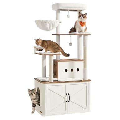 Feandrea Cat Tree, 66.9-Inch Cat Tower with Litter Box Enclosure, Large Condo with Food Station, Storage, Scratching Posts, Cave, Hammock, Washable Cushions, Rustic White and Honey Brown UPCT169W201