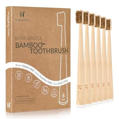 Hugging Tree Boar Bristle Bamboo Toothbrush, Made from Natural Boar Hair Bristles, Plastic-Free (Pack of 6)