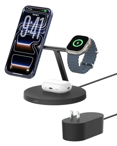 Belkin MagSafe-Compatible iPhone Charger, 3-in-1 Wireless Charging Station, Qi2-Certified 15W Wireless Charge for Apple iPhone 17 Series, Apple Watch, AirPods w/Non-Slip Base, 40W Included - Black