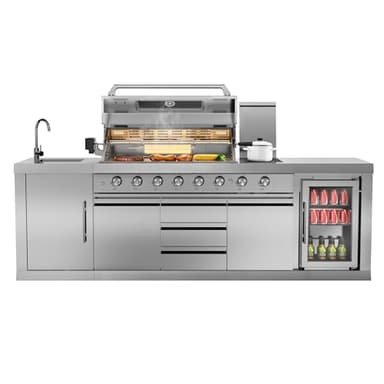 CT Copper Tailor 6-Burner Outdoor Kitchen BBQ Grill Island 99,000 BTUs with Sink, Fridge, Rear Burner, Side Burner, Storage Cabinets & Drawers, Cover, Stainless Steel