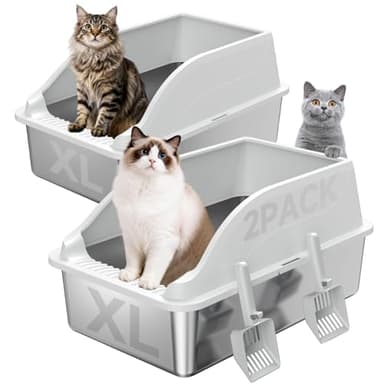2PACK Stainless Steel Litter Box, Extra Large XL Odor Free Metal Litter Box with High Sides, Open Top Litter Pan Include Scoop Easy Cleaning Anti-Scratch Kitty Cat Box Anti-Urine Leakage, Non-Sticky