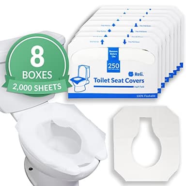 Reli. Toilet Seat Covers (2000 Pcs, 8 Packs of 250) | Disposable Toilet Seat Cover - Flushable - 14x16" (Half-Fold) | Paper Liners for Restroom, Bathroom, Travel, Camping, Kids Potty Training