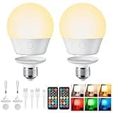 Brightown E26 Rechargeable Light Bulb with Remote and Timer, Battery Backup Bulb for Sconces and Lamps, Magnetic Bulbs for Non-Hardwired Fixture, 3 Color Temperatures + 9 RGB Colors, Dimmable, 2 Pack