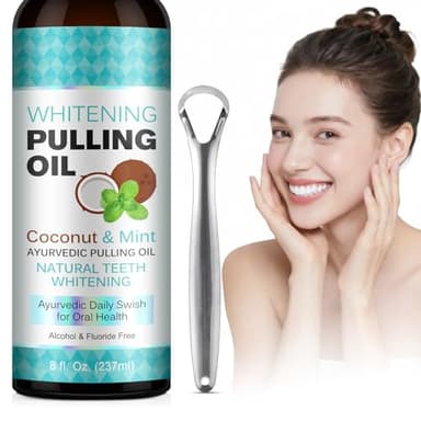 Coconut Oil Pulling for Fresh Breath & Oral Care - Ayurvedic Pulling Oil Kit with 100% Coconut Oil, Tongue Scraper & Measuring Cup - Natural Mouth Rinse Promotes Healthy Gums & Teeth - Alcohol-Free