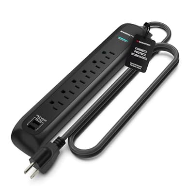 Monster Power Surge Protector w/ 1200 Joule Rating — Heavy Duty 6 FT Surge Protector Power Strip w/ 6 120V Outlets, 2 USB-A Ports — Fireproof MOV, Dual Mode, Clean Tech for Home & Office (Black)