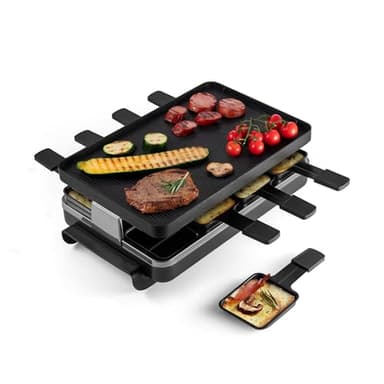 Swissmar Classic 8-Person Raclette Party Grill with Reversible Cast Aluminum Non-Stick Grill Plate/Crepe Top, Indoor Electric Raclette Grill & Griller - Black Grill Plate - Black