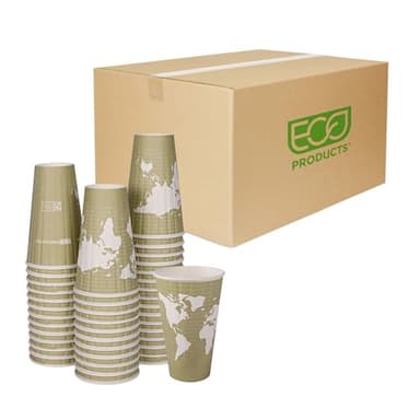 ECO PRODUCTS Compostable Disposable Insulated World Art 16oz Large Coffee Cups, Case of 600, Renewable Double-wall Hot Paper Cup, Plant Based PLA Lining, No Sleeves Needed, Color Coded