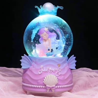 Snow Globes,Music Box Gifts for Girl,Mermaid Music Snowglobes with LED Lights,Automatic Snow Fall Effect,Decoration Glass Ball for Kids Room Birthday for 5-16 Year Old Girls(Style A)