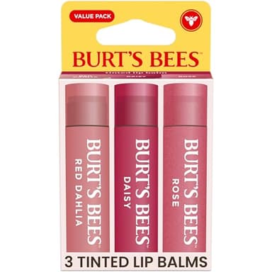 Burt’s Bees Tinted Lip Balm Value Pack Includes 3 Lip Balms: Red Dahlia, Daisy and Rose; 8 Hour Moisture; Provides a Hint of Color; Nourishing Shea Butter; 100% Natural Origin; 3 Tubes; 3x0.15 Oz.