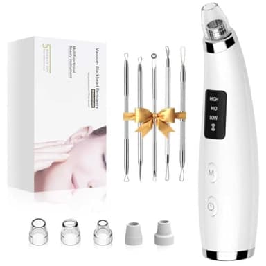 Rechargeable Blackhead Vacuum Pore Cleaner - 5 Attachments & 3 Suction Levels for Deep Facial Cleansing, USB-Powered Blackhead Remover for Women and Men (White)