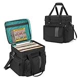 LoDrid Vinyl Record Storage Bag with 4 Boards Around and 2 Detachable Dividers, Holds Up to 60 LP Records, Travel Album Carrying Case with Separated Laptop Layer Up to 14”, Bag Only, Black