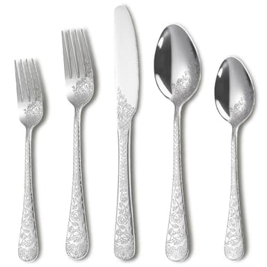 Runfly Modern Carved Floral Silver Stainless Steel 20-Piece Flatware Set