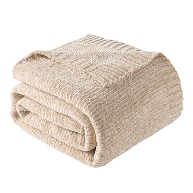 BATTILO HOME Knit Chenille Throw Blanket for Couch, Cozy Beige Throw Blankets for Home Decor,Lightweight Soft Throw for Bed,Sofa,Chair 51"x67"