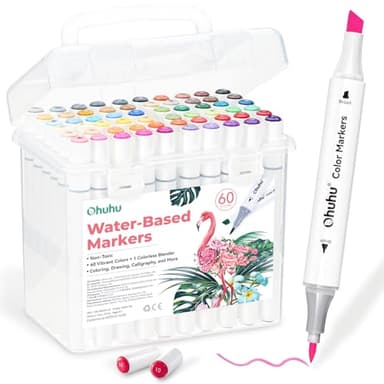 Ohuhu Markers for Adult Coloring Books No Bleeding 60 Colors Water-based Dual Tips Brush & Fine Coloring Markers for Kids Adults Beginners Drawing Pens for Journaling Lettering (Brush & Chisel)