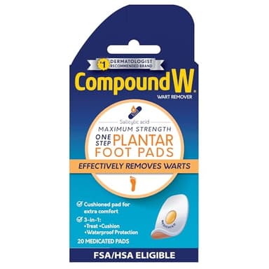 Compound W Maximum Strength One Step Plantar Wart Foot Pads with Salicylic Acid, Self-Adhesive, Cushioned and Waterproof Plantar Wart Treatment, 20 Count