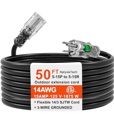 50FT 14/3 Gauge Heavy Duty Outdoor Extension Cord Waterproof with Lighted, Flexible Cold Weather 3 Prong Electric Cord Outside, 15A 1875W 125V 14AWG SJTW,ETL Listed