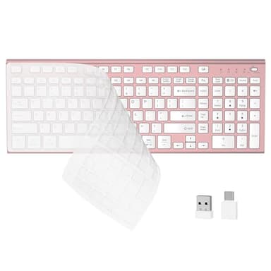 FENIFOX Wireless Silent Keyboard, Ultra Quiet USB C Low Profile Compact Full Size with Number Pad Flat Slim Thin Soft Touch for Mac Computer MacBook iMac PC Laptop Desktop Office (Pink Rose Gold)