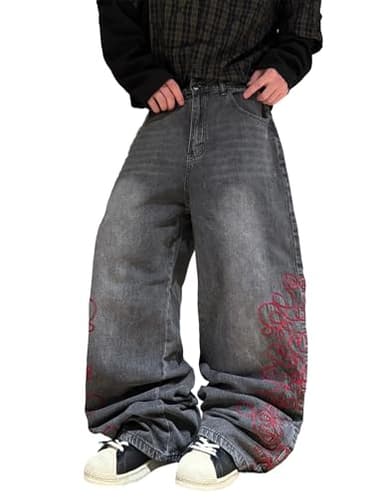 QGRSWBC Mens Baggy Jeans Wide Leg Denim Pants Hip Hop Trousers Y2k Embroidered Fashion Streetwear Clothing Dark Grey L