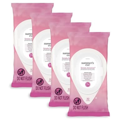 Summer's Eve Simply Sensitive Feminine Wipes, Gentle pH-Balanced Micellar Water Based Formula Helps Control Vaginal Odor, Resealable Pack, 32 Wipes, Pack of 4