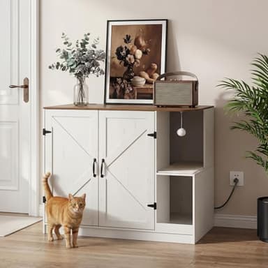 HOOBRO Farmhouse Cat Litter Box Enclosure, Automatic Cat Litter Box Cabinet with Charging Station, Hidden Cat Furniture with Hanging Ball & Sisal Mat, Tabletop & Hook, White and Walnut WH88UMW01