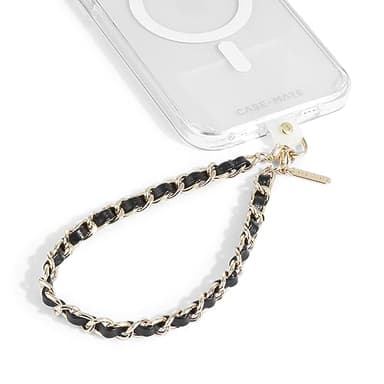 Case-Mate Phone Charm - Detachable Anti Theft Strap - Hands-Free iPhone Wrist Strap for Women - Phone Chain Wristlet - Fits Galaxy, Pixel and More - Gold Chain / Black Leather