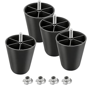 Masendelk M10-1.5 Metric Thread Bolts Plastic Furniture Legs 4 Inch Black Round Tapered Sofa Feet with T-Nuts - Couch Feet Replacement - Couch Legs Set of 4