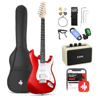 Donner 39-Inch Electric Guitar Starter Kit with Solid Body, HSS Pickup, Accessories, Amplifier, Lessons, and Digital Tuner - Red