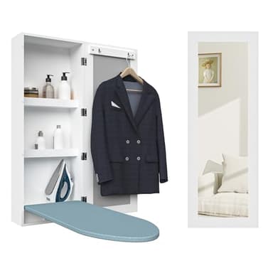 Facilehome Wall Mounted Ironing Board Cabinet, Built in Foldable Ironing Board Closet with Storage, Mirror Door, White