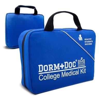 DormDoc College First Aid Kit – Compact Emergency Medical Kit for Dorm Rooms, School, Sports – with Bandages, OTC Medicines for Relief, Gauze, Quick Care Set – Portable Health Kit - 175 PCS, Blue