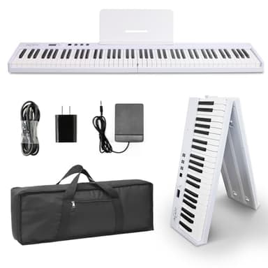 AiJoy 88-Key Piano Keyboard with Semi-Weighted Keys Portable Folding Piano, 128 Tones, Speakers, USB-MIDI, Carry-Bag, Sustain Pedal, Stand Electric Keyboard Piano for Beginners, White