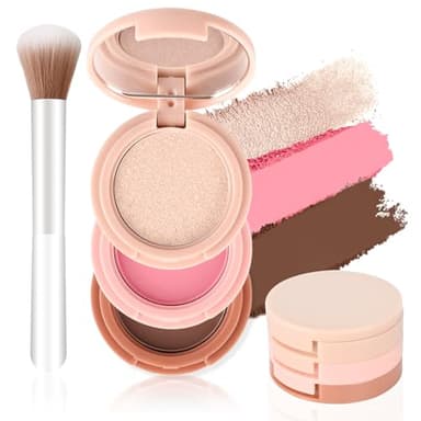 KYDA 3 Colors Contour Blush Highlighter Makeup Palette, All In One Make Up Kit-Blush,Highlighter and Contou Powder Palette, with Brush, Travel Size Stacked Make Up, Face Blusher for Women-01