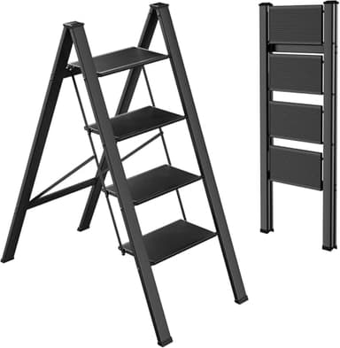 TLGREEN Step Ladder 4 Step Folding, Aluminum Step Ladder, Portable Step Stool with Anti-Slip Wide Pedal, 330LBS Capacity, Lightweight Stepladder for Kitchen, Office, Home, Garage (Black)