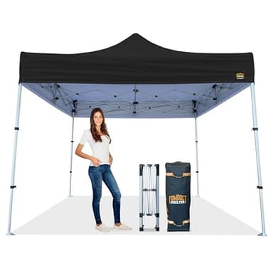 Compact Shelter - 10x10 Heavy Duty Pop Up Canopy - Easy Setup, Commercial Grade Aluminum Frame, 42” Folded Frame Height, UPF 50+, Portable Tent for Beach, Events, Camping, Roller Bag (Black)