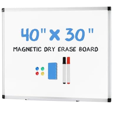 DUMOS Magnetic White Board Kit for Wall 40" x 30", Dry Erase Board with 1 Dry Eraser & 2 Multicolor Markers & 4 Magnetic Pins, Silver Reinforced Aluminum Frame for Home, School, Office
