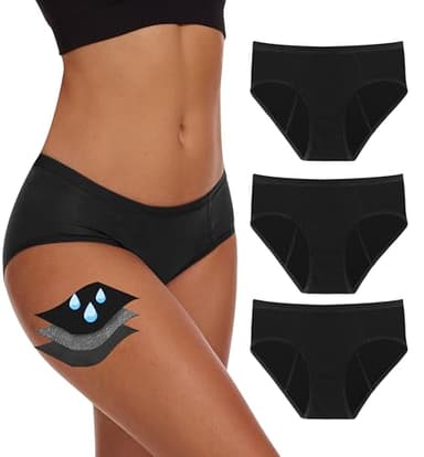 YESWEL Period Underwear For Women, Leak-Proof Hipster, Brief, Heavy Flow, 3 Pack (Large, Black)