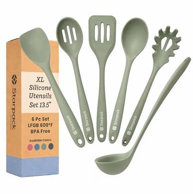 Starpack Like a Boss XL Silicone Cooking Utensils Set (6-Piece, 13.5") - LFGB Certified, 600°F Heat Resistant, BPA-Free - Heavy-Duty Steel Core, Dishwasher Safe - for Nonstick Cookware, Sage Green
